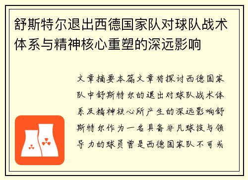 舒斯特尔退出西德国家队对球队战术体系与精神核心重塑的深远影响 舒斯特尔退出西德国家队对球队战术体系与精神核心重塑的深远影响